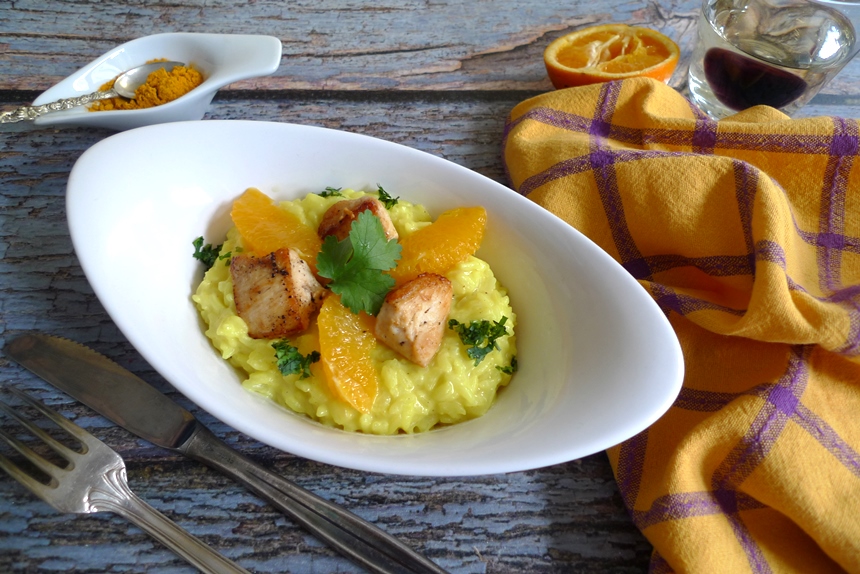 Kurkuma-Risotto mit Hühnerfleisch